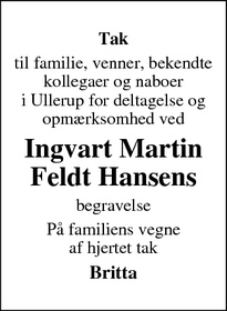 Taksigelsen for Ingvart Martin Feldt Hansens - Ullerup