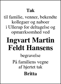 Taksigelsen for Ingvart Martin Feldt Hansens - Ullerup