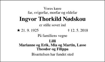 Dødsannoncen for Ingvor Thorkild Nødskou  - Ballerup