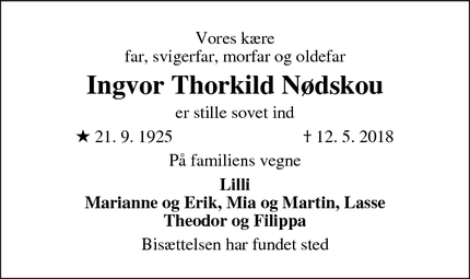 Dødsannoncen for Ingvor Thorkild Nødskou  - Ballerup