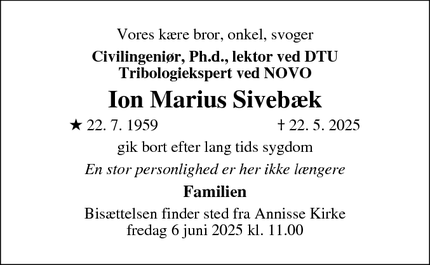 Dødsannoncen for Ion Marius Sivebæk - Helsinge