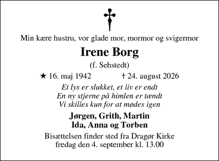 Dødsannoncen for Irene Borg - Dragør