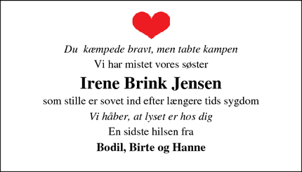Dødsannoncen for Irene Brink Jensen - Tranbjerg J