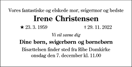 Dødsannoncen for Irene Christensen - Ribe