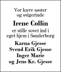 Dødsannoncen for Irene Collin - HERNING