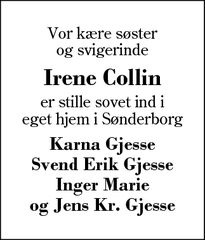 Dødsannoncen for Irene Collin - HERNING