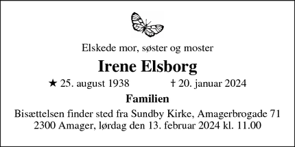 Dødsannoncen for Irene Elsborg - København