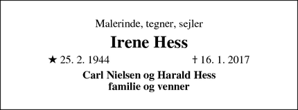 Dødsannoncen for Irene Hess - København
