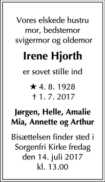 Dødsannoncen for Irene Hjorth - Virum