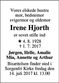 Dødsannoncen for Irene Hjorth - Virum