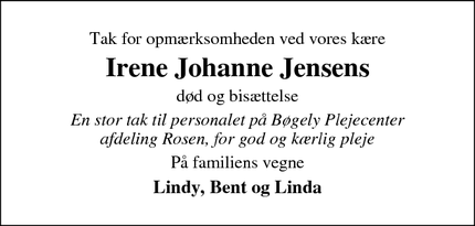 Taksigelsen for Irene Johanne Jensen - 8723 Løsning 