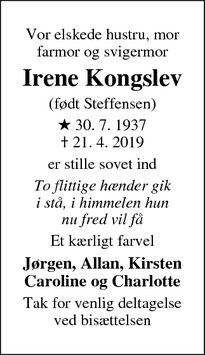 Dødsannoncen for Irene Kongslev - Frederiksberg C