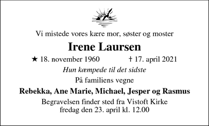 Dødsannoncen for Irene Laursen - Aarhus C