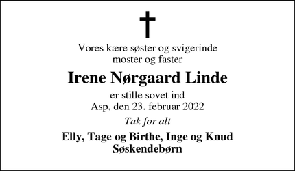 Dødsannoncen for Irene Nørgaard Linde - Asp