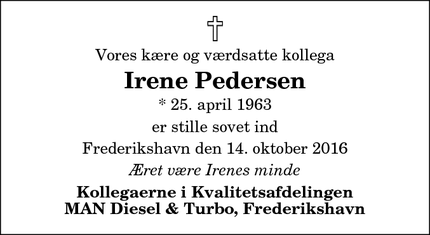 Dødsannoncen for Irene Pedersen - Frederikshavn