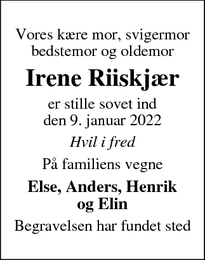 Dødsannoncen for Irene Riiskjær - Spjald