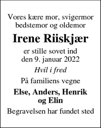 Dødsannoncen for Irene Riiskjær - Spjald