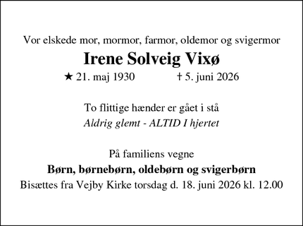 Dødsannoncen for Irene Solveig Vix&oslash; - Tisvilde