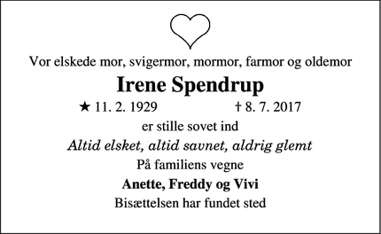 Dødsannoncen for Irene Spendrup - Hvidovre