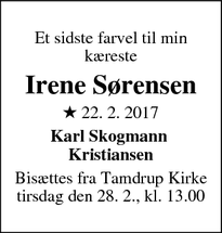 Dødsannoncen for Irene Sørensen - Horsens