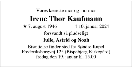 Dødsannoncen for Irene Thor Kaufmann - København Ø