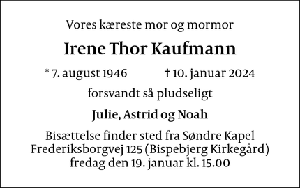 Dødsannoncen for Irene Thor Kaufmann - København Ø