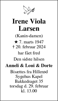 Dødsannoncen for Irene Viola
Larsen - Hillerød 