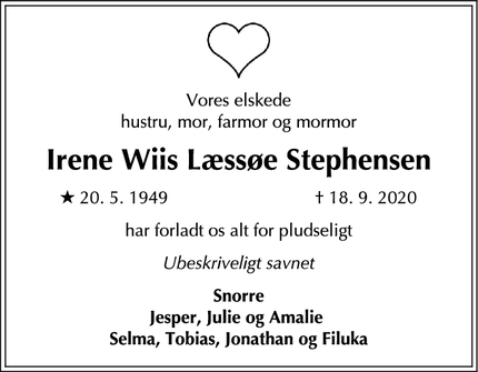 Dødsannoncen for Irene Wiis Læssøe Stephensen - Helsingør