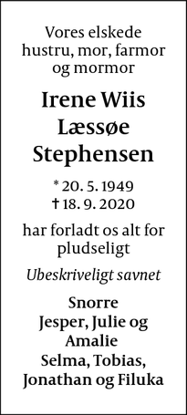 Dødsannoncen for Irene Wiis Læssøe Stephensen - Helsingør