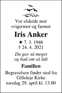 Dødsannoncen for Iris Anker - Virum