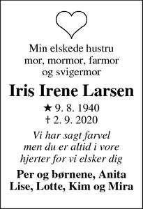 Dødsannoncen for Iris Irene Larsen - Høje Taastrup 