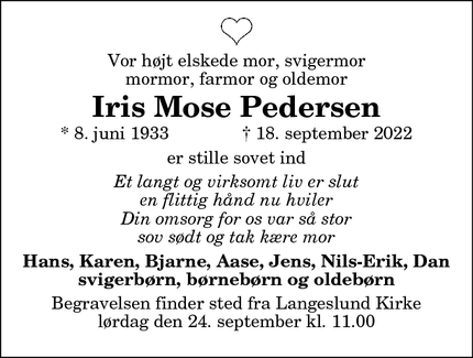 Dødsannoncen for Iris Mose Pedersen - Arensminde