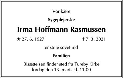 Dødsannoncen for Irma Hoffmann Rasmussen - Rødovre