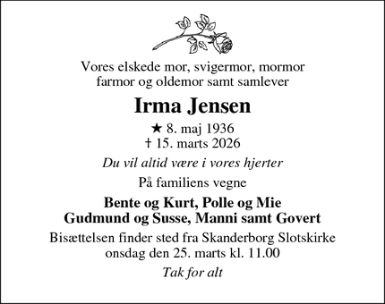Dødsannoncen for Irma Jensen - Galten