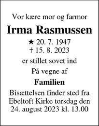 Dødsannoncen for Irma Rasmussen - Ebeltoft