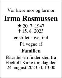 Dødsannoncen for Irma Rasmussen - Ebeltoft