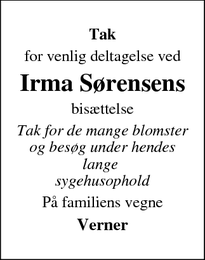 Taksigelsen for Irma S&oslash;rensen - Bjerringbro