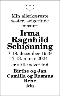 Dødsannoncen for Irma
Ragnhild
Schiønning - Nørregade 19, Ulsted