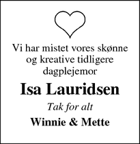 Dødsannoncen for Isa Lauridsen - Bording
