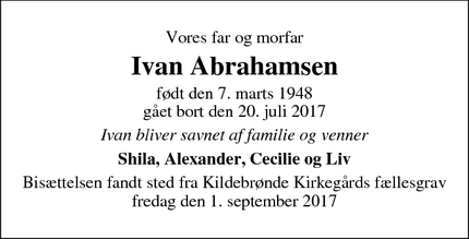 Dødsannoncen for Ivan Abrahamsen - Hundige