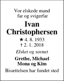 Dødsannoncen for Ivan Christophersen - Esbjerg