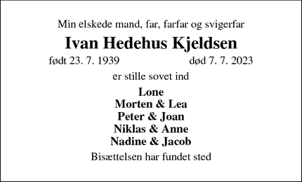 Dødsannoncen for Ivan Hedehus Kjeldsen - Tønder