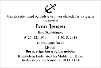 Dødsannoncen for Ivan Jensen - Middelfart