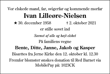 Dødsannoncen for Ivan Lilleøre-Nielsen - Esbjerg