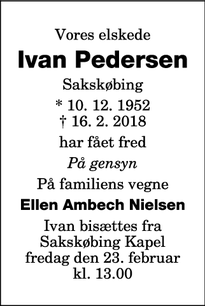 Dødsannoncen for Ivan Pedersen - Sakskøbing