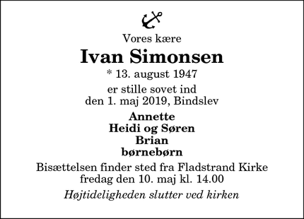 Dødsannoncen for Ivan Simonsen - Bindslev