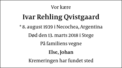 Dødsannoncen for Ivar Rehling Qvistgaard - Stege