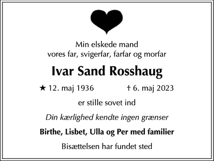 Dødsannoncen for Ivar Sand Rosshaug - Frederiksberg
