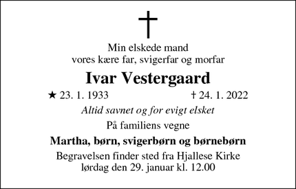 Dødsannoncen for Ivar Vestergaard - Odense
