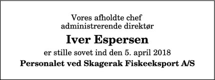 Dødsannoncen for Iver Espersen - Hirtshals